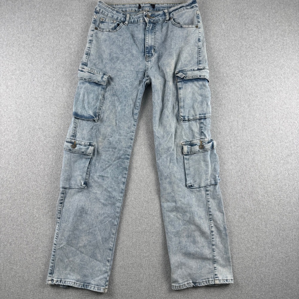 Between Us Cargo Jeans Womens 15 Blue Acid Wash High Rise Straight Leg Pockets